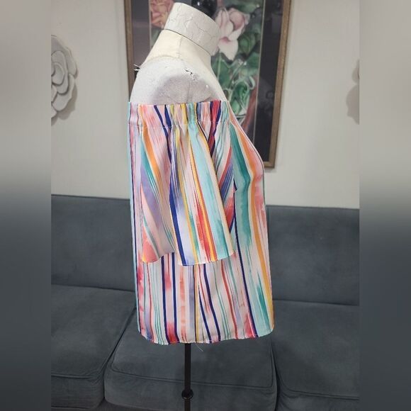 Do + BE Colorful Off Shoulder Silky Vertical Stripes Top - Picture 9 of 14